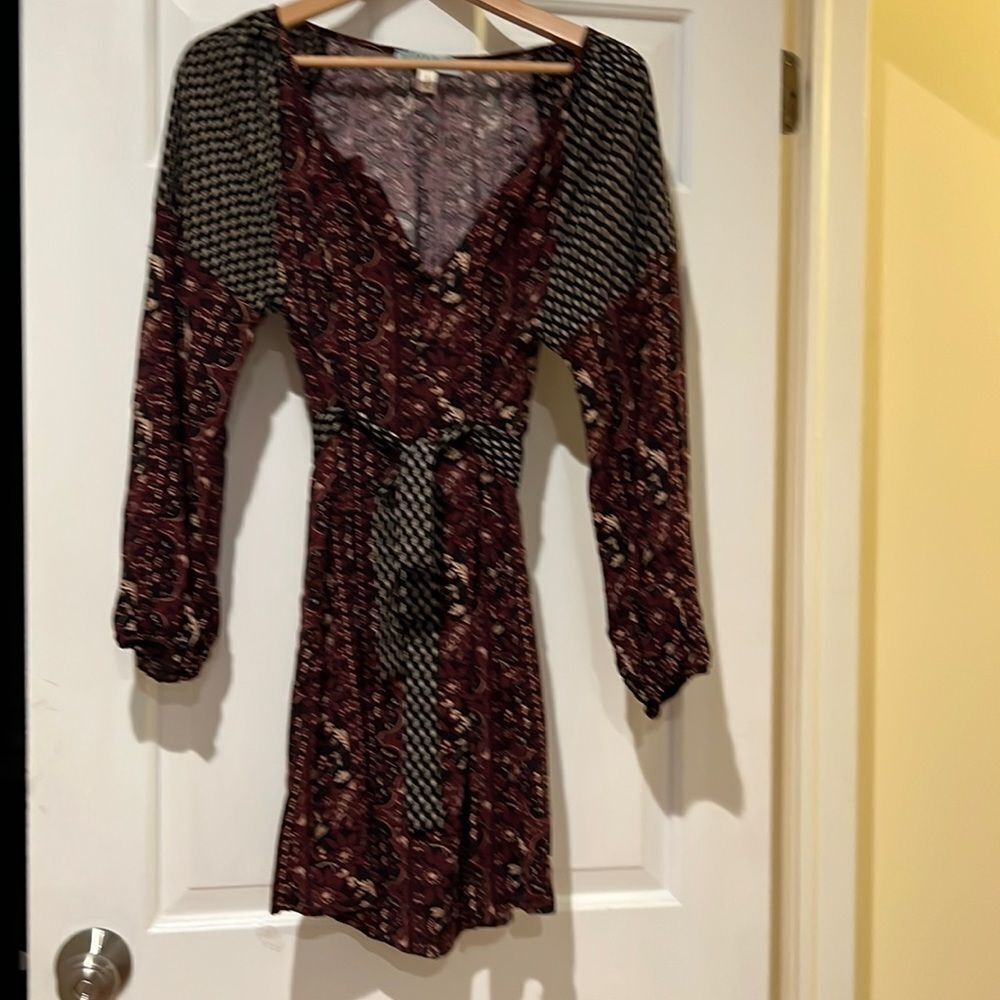 Patchwork print dress with fabric waist tie